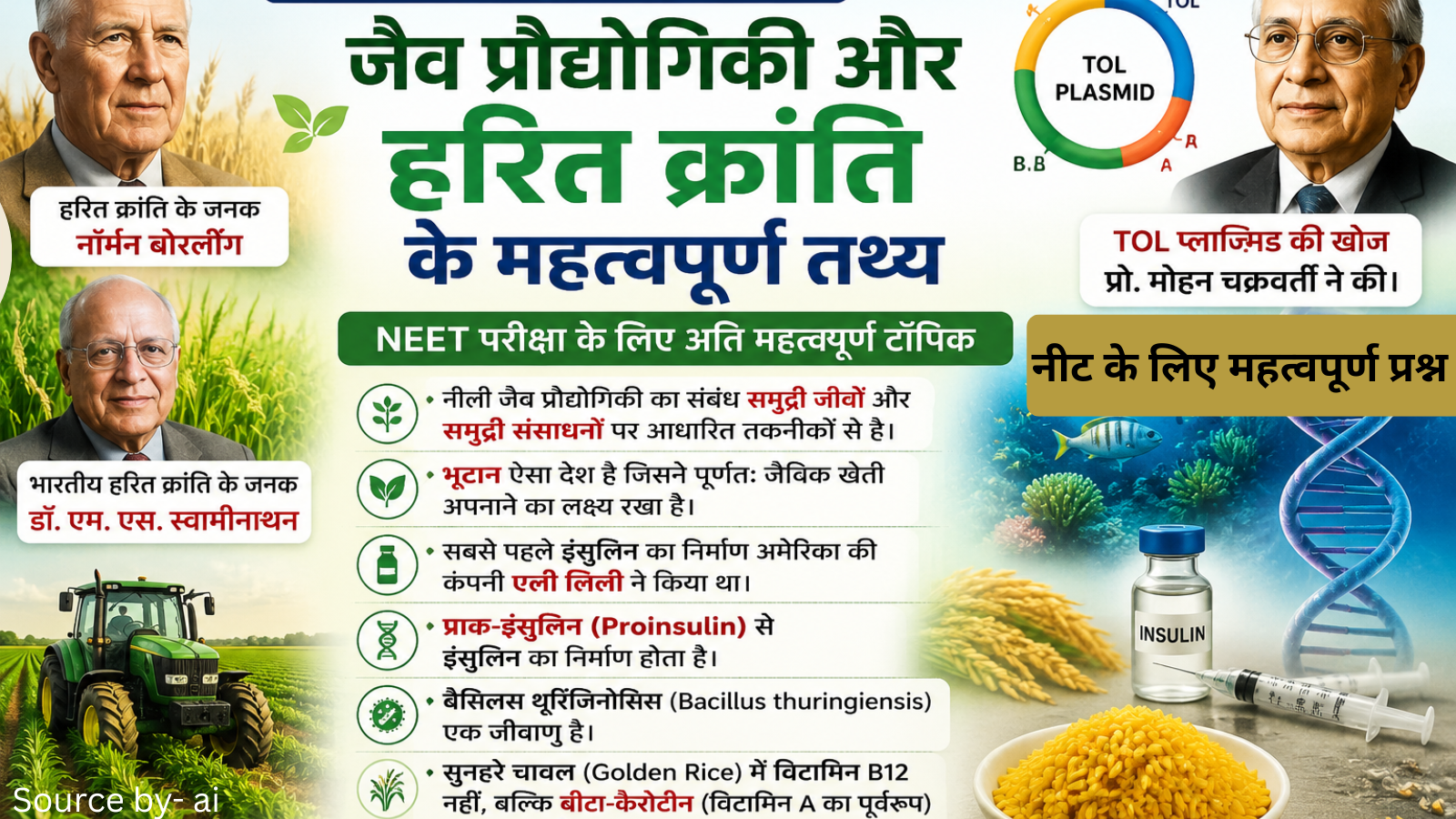 NEET Biology Important: जैव प्रौद्योगिकी और हरित क्रांति के महत्वपूर्ण तथ्य